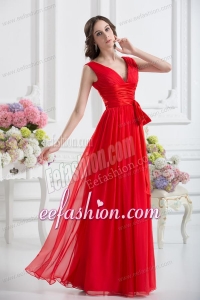 Empire V-neck Ruching Sashes Chiffon Prom Dress with Wine Red