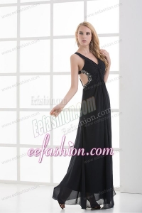 High Slit Straps Black Ankel-length Beading and Ruching Prom Dress