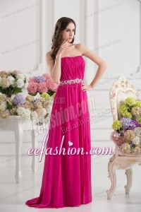 Hot Pink Empire Strapless Ruching Beading Brush Train Prom Dress