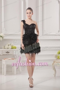 One Shoulder Beading Ruffles Special Fabric Black Prom Dress