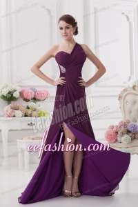 One Shoulder Empire Ruching and High Slit Backless Prom Dress