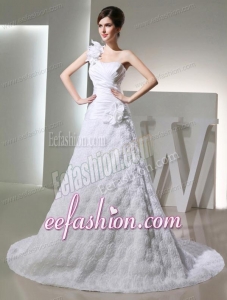 Popular Princses One Shoulder Ruching Fabric With Rolling Flower Wedding Dress