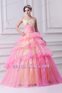 Pretty Ball Gown Strapless Beading Appliques Hot Pink Quinceanera Dress With Zipper Up