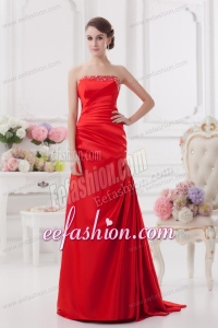 Red Column Strapless Prom Dress with Ruching and Beading