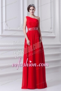 Red Empire One Shoulder Chiffon Prom Dress with Beading and Ruching