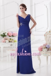 Ruching and Beading V-neck Column Dark Blue Prom Dress