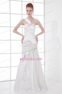 Simple Column One Shoulder Taffeta Ruching Beading White Wedding Dress