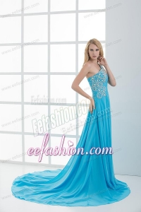 Sky Blue Beading and Ruching Empire One Shoulder Prom Dress with Court Train