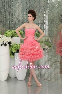 Strapless A-line Organza Watermelon Prom Dress with Ruffled Layers