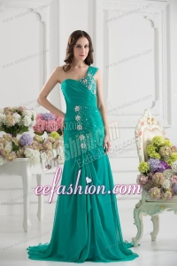 Turquoise One Shoulder Beading and Ruching Prom Dress with Brush Train