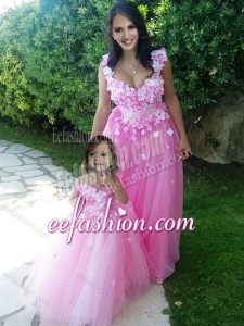 Beautiful Deep V Neckline Cheap Prom Dress with Appliques and Hot Sale Rose Pink Little Girl Dress with See Through Scoo