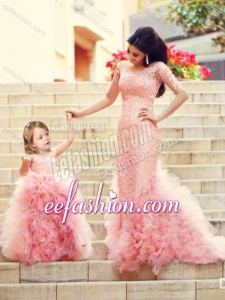 Cheap Column Long Sleeves Prom Dress with Brush Train and Affordable Ruffled and Laced Little Girl Dress in Watermelon R