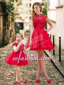 Cheap High Neck Backless Prom Dress in Red and Beautiful Mini Length Little Girl Dress with Cap Sleeves