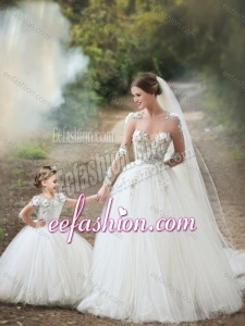 Feminine See Through Long Sleeves Modest Wedding Dresses with Appliques and Lovely Big Puffy Flower Girl Dress with Hand
