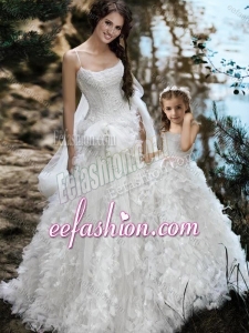 Wonderful Spaghetti Straps Modest Wedding Dresses with Ruffles and Beautiful Straps Flower Girl Dress with Bowknot