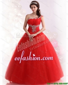 2015 Discount Red One Shoulder Sweet 15 Dresses with Rhinestones