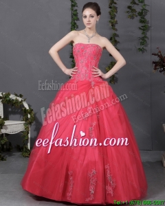 Discount Coral Red Strapless Sweet 16 Dress with Ruching and Appliques