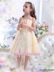 Champagne Spaghetti Straps Little Girl Pageant Dresses with Waistband and Hand Made Flower