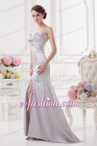 Light Grey Column Sweetheart Prom Dress with Ruching and Beading