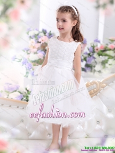 Scoop Tea Length White 2015 Little Girl Pageant Dress with Sash