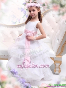 Scoop White Little Girl Pageant Dress with Sash and Ruffles