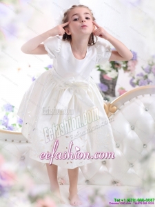 White Scoop 2015 Little Girl Pageant Dress with Bownot and Cap Sleeves