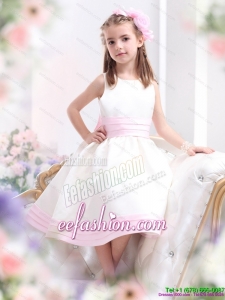 White Scoop Little Girl Pageant Dress with Light Pink Bownot