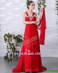 2015 Beautiful Empire Red Prom Dress with Brush Train and Beading