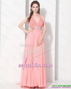 2015 Exclusive Halter Top Prom Dress with Beading and Ruching
