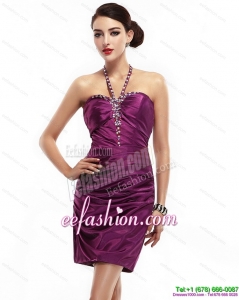 2015 Fashionable Halter Top Short Dama Dresses with Ruching and Beading