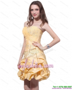 2015 Gold Mini Length Prom Dresses with Beading and Pick Ups