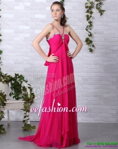 2015 Modern Hot Pink Halter Top Prom Dress with Brush Train
