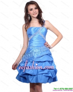 2015 One Shoulder Baby Blue Prom Dresses with Pick Ups and Beading