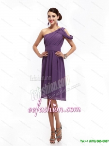 2015 One Shoulder Dark Purple Prom Dresses with Ruching