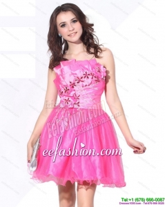 2015 One Shoulder Hot Pink Short Prom Dresses with Ruching and Beading
