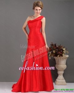 2015 One Shoulder Pleated Red Prom Dresses with Brush Train