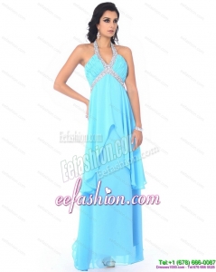 2015 Perfect Halter Top Long Dama Dresses with Beading and Ruffles