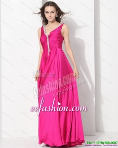 2015 Perfect Hot Pink Long Prom Dresses with Beading and Ruching