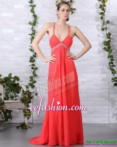2015 Spaghetti Straps Prom Dresses with Ruching and Beading