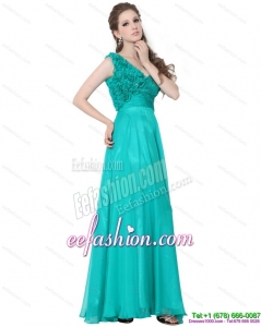 2015 Turquoise One Shoulder Prom Dresses with Ruching and Hand Made Flowers