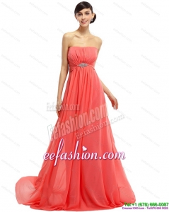 2015 Watermelon Beading Long Prom Dresses with Ruching and Sweep Train