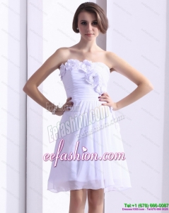 2015 White Strapless Prom Dresses with Ruching and Hand Made Flower