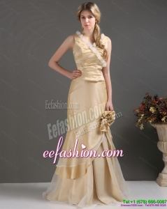Champagne Long Prom Dresses with Ruffles and Hand Made Flower