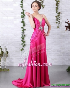 Exquisite Brush Train 2015 Prom Dress with Ruching and Beading