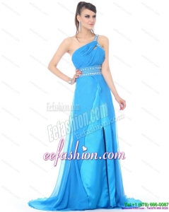 Fashionable 2015 One Shoulder Blue Long Prom Dress with Rhinestones