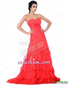 Fashionable Brush Train Prom Dresses with Ruffled Layers and Beading