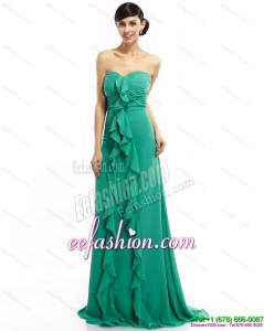 Fashionable Sweep Train Sweetheart Ruching Prom Dresses in Turquosie