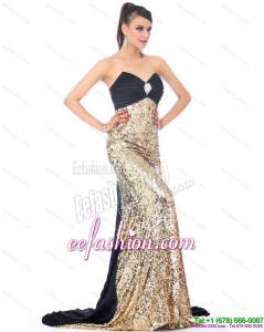 Luxurious Brush Train 2015 Prom Dress with Ruching and Sequins