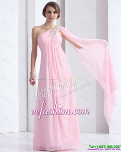 Perfect 2015 One Shoulder Baby Pink Prom Dress with Ruching and Beading