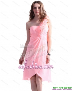 Pretty Baby Pink One Shoulder Prom Dresses with Ruching and Hand Made Flowers